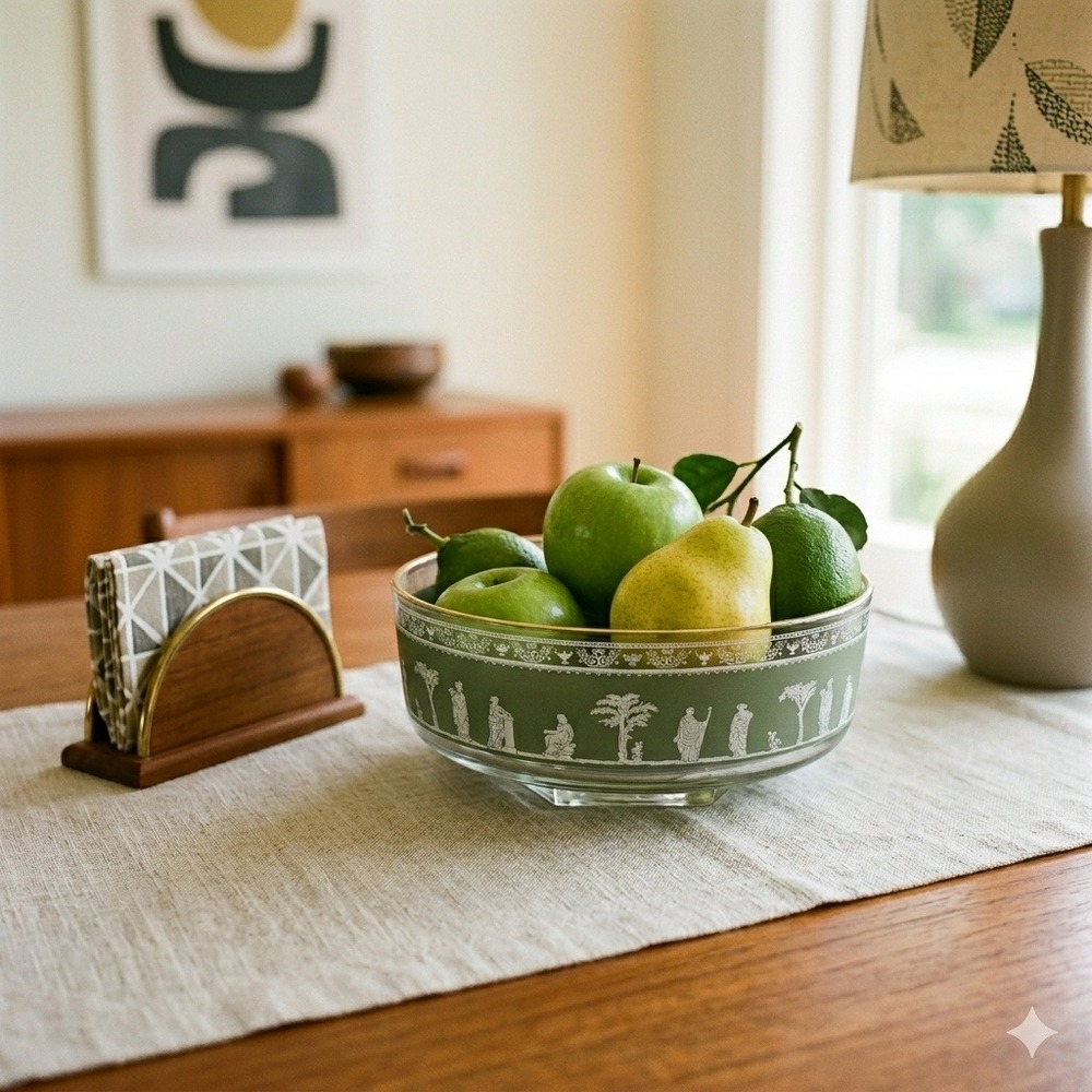 Vintage‎ Jeanette Sage Jasperware Style Glass Fruit Bowl Gold Trim Neoclassical
